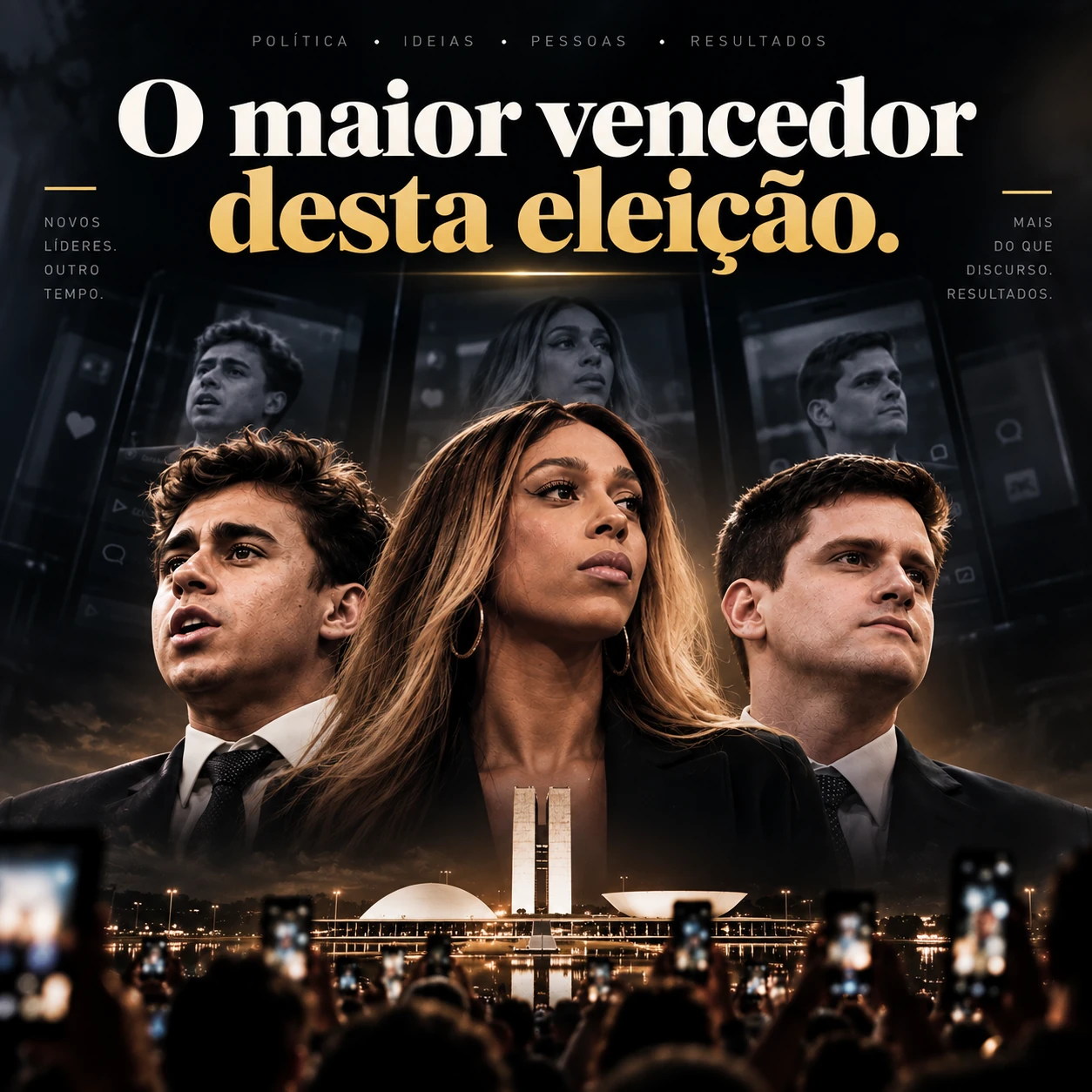 Montagem ilustrativa com Erika Hilton ao centro, duas figuras políticas, o Congresso Nacional e o título O maior vencedor desta eleição.